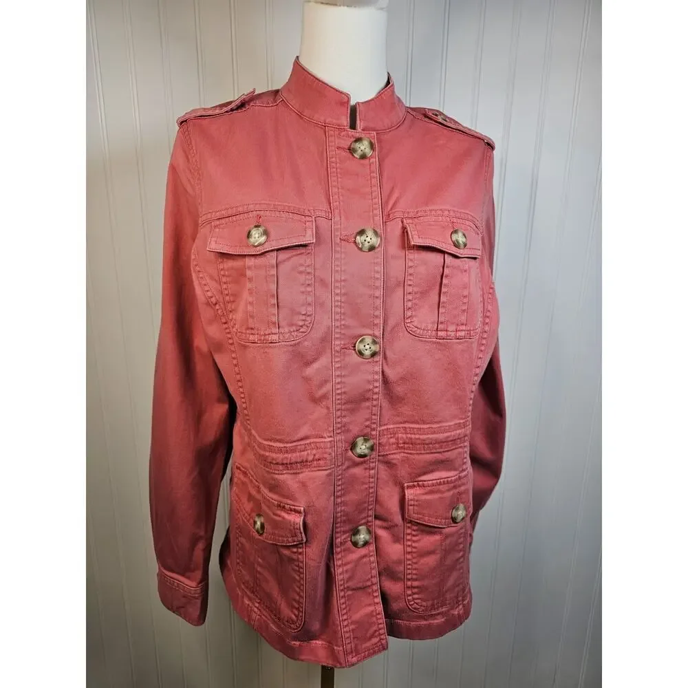 L.L. Bean Womens Pink Utility Military Jacket Stretch Jacket Size M Preppy Coral
